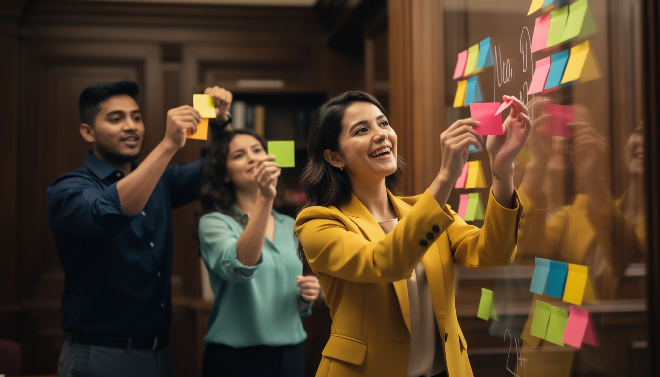 Equipo en sesión de lluvia de ideas con post-its coloridos en pared