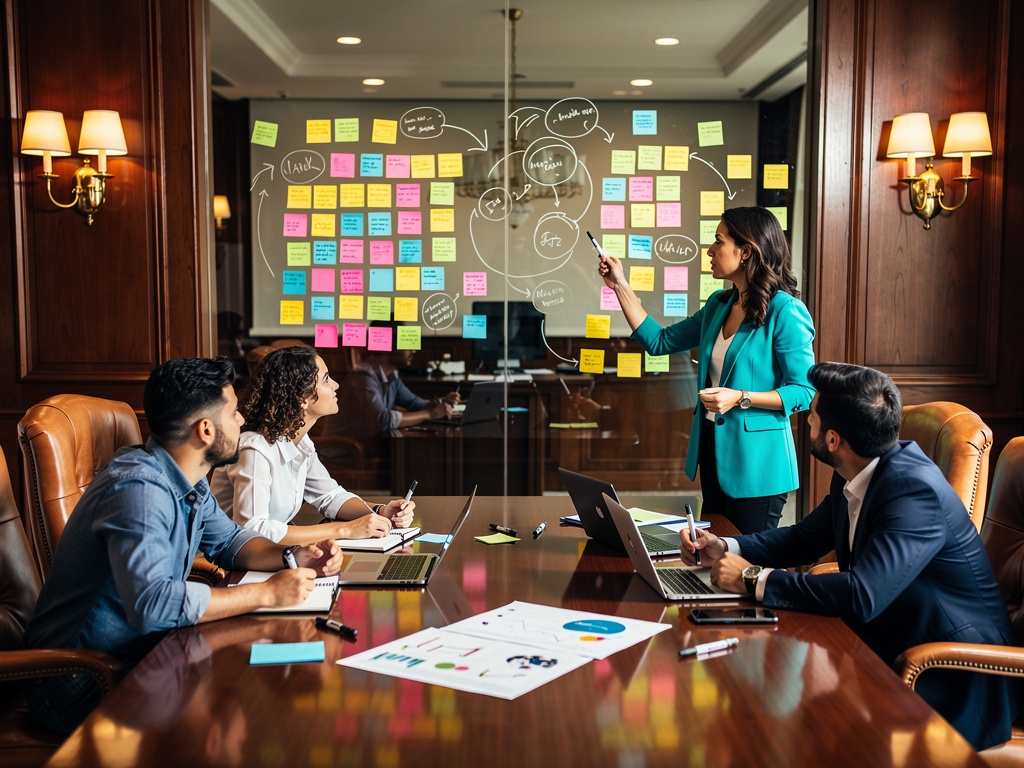 Equipo de innovación trabajando en sesión colaborativa con notas y prototipos