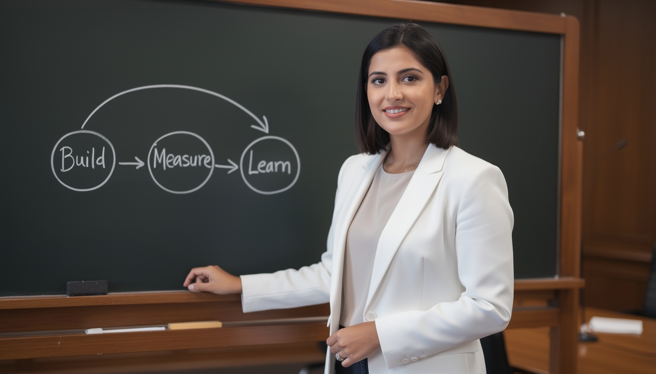 Profesional presentando enfoque lean de innovación con diagrama minimalista en pizarrón blanco
