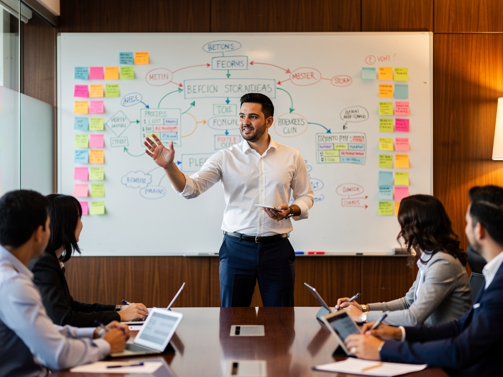 Facilitador guiando taller de metodología de innovación con equipo diverso