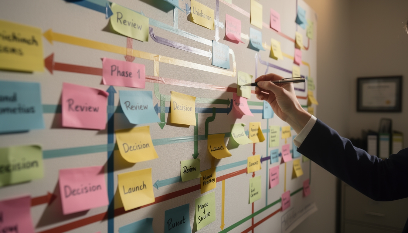 Mapa visual de proceso de innovación en pared con flechas y etapas claramente definidas