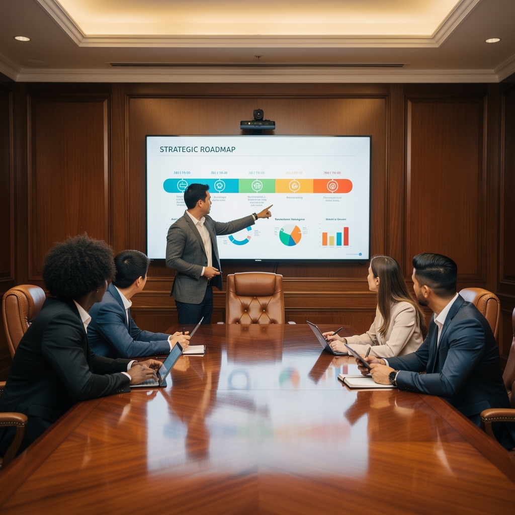 Equipo de líderes revisando plan de crecimiento en sala de reuniones con presentación en pantalla