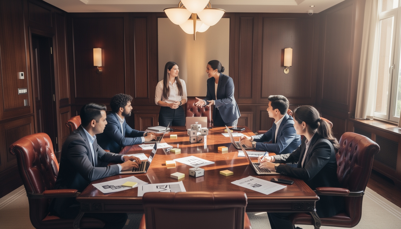 Equipo diverso colaborando alrededor de mesa con materiales de trabajo y laptops en oficina con paneles de madera